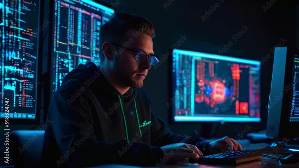 A young man wearing glasses and a black hoodie is working on a computer with multiple screens displaying data. He is typing on a keyboard and focusing on his task. A young man wearing glasses and a black hoodie is working on a computer with multiple screens displaying data. He is typing on a keyboard and focusing on his task.