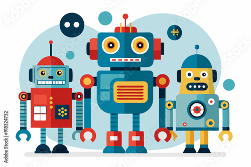 Three Friendly Robots Standing Together in a Cartoon Style
