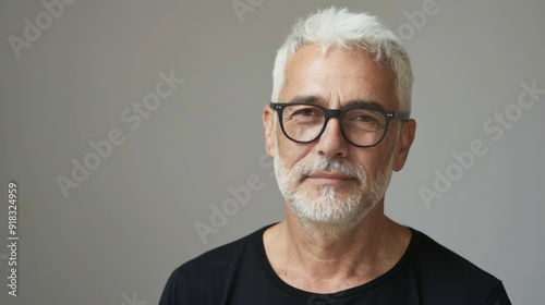 Middle-aged model highlighting a new haircut with a confident pose and vibrant expression.