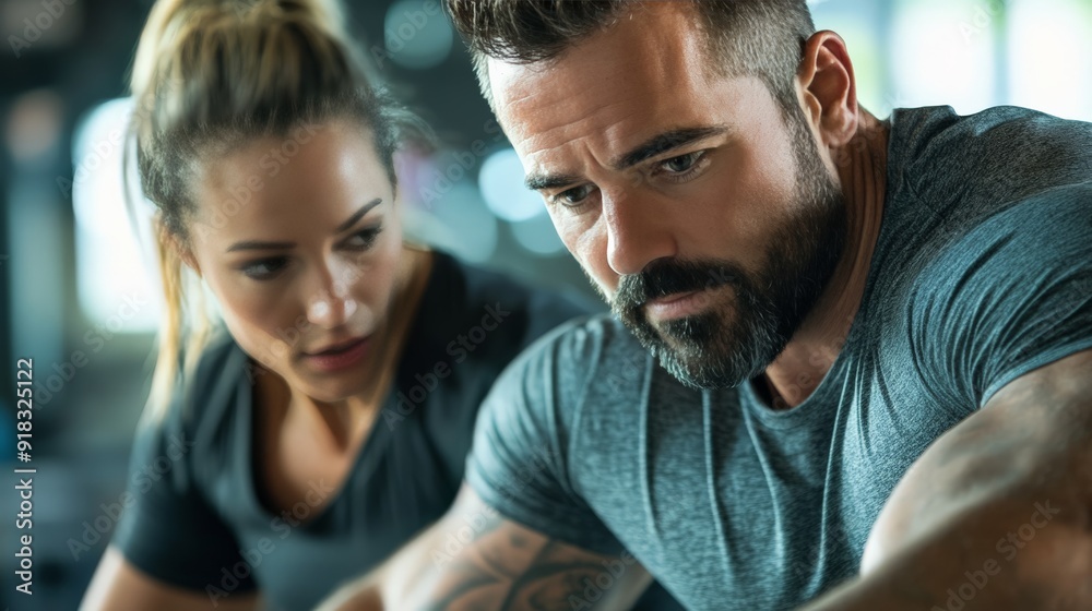 Focused individuals engaging in an intense workout session, demonstrating strength and determination at the gym. Focused individuals engaging in an intense workout session, demonstrating strength and determination at the gym.