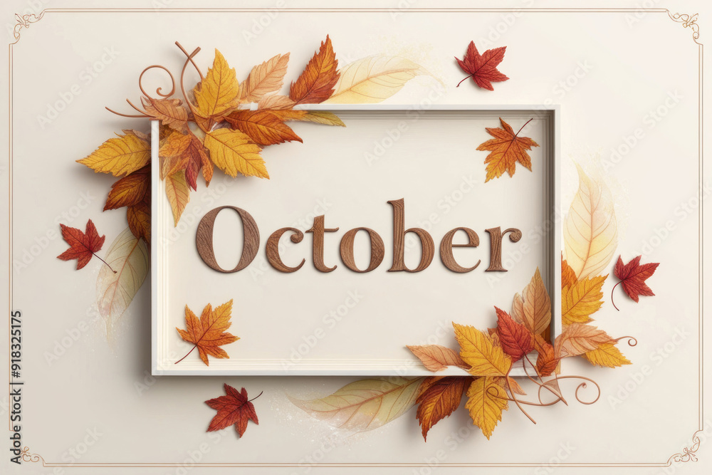 October wooden text on white background with autumn leaves. Colorful watercolor illustration. Postcard, logo, poster, print. AI October wooden text on white background with autumn leaves. Colorful watercolor illustration. Postcard, logo, poster, print. AI