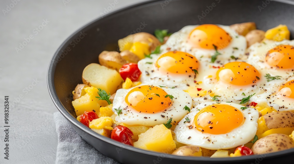 Eggs in a breakfast skillet with potatoes and vegetables Eggs in a breakfast skillet with potatoes and vegetables