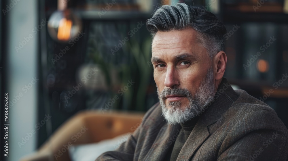 Fototapeta premium Middle-aged model with a well-groomed haircut, posing in a relaxed, elegant setting.