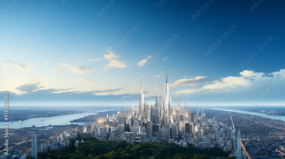 Obraz premium arafficial city skyline with skyscrapers and a lake in the foreground