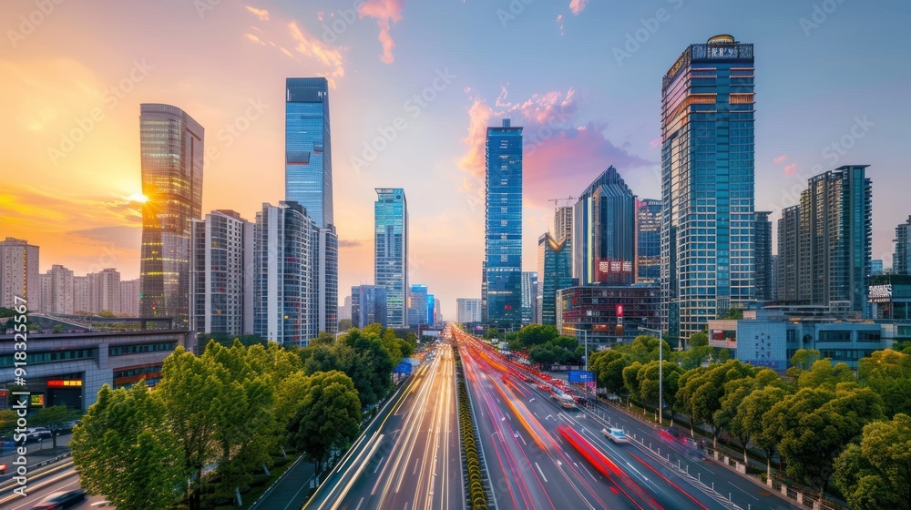 Obraz premium Modern Asian cityscape with skyscrapers and busy streets