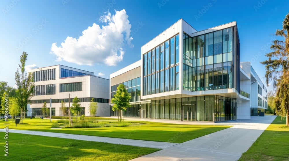 Modern university building with glass facades and green spaces. Modern university building with glass facades and green spaces.