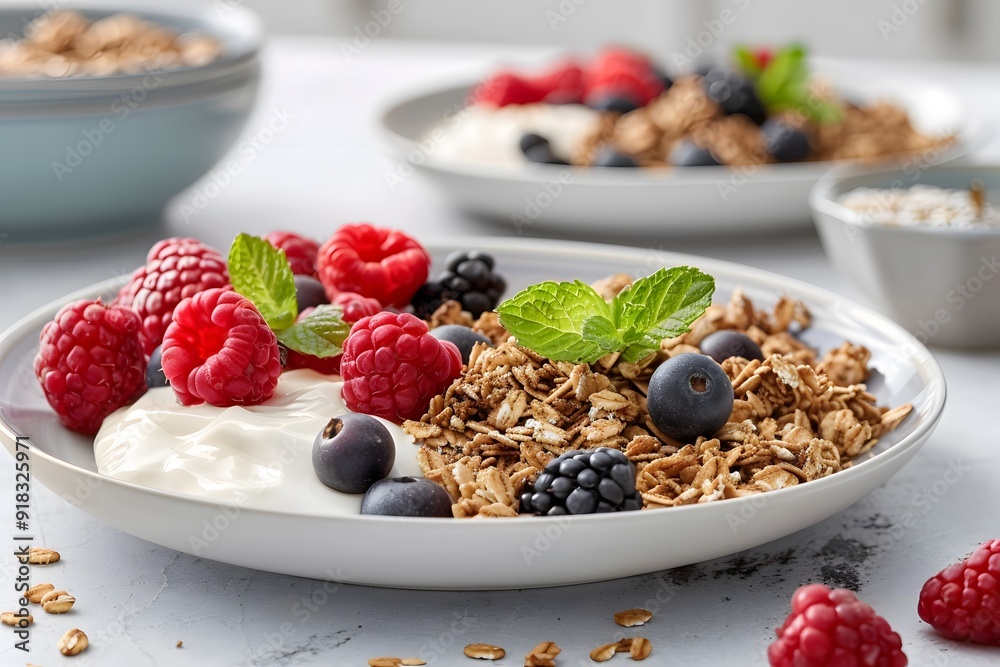 Delicious and Healthy Breakfast Bowl with Granola, Yogurt, Berries, and Mint Delicious and Healthy Breakfast Bowl with Granola, Yogurt, Berries, and Mint