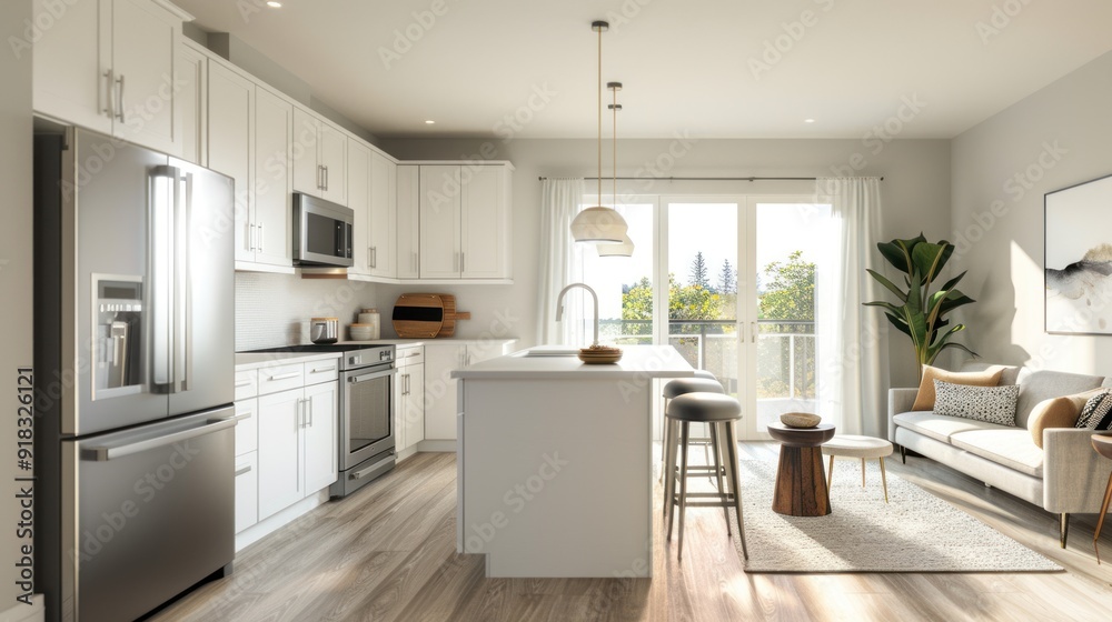 Open-concept kitchen with white cabinetry, stainless steel appliances, and a bright ambiance. Open-concept kitchen with white cabinetry, stainless steel appliances, and a bright ambiance.