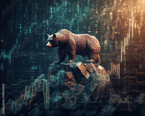 A victorious bear standing atop a collapsed bull, set against a dark, abstract background filled with downward-trending financial charts, symbolizing the great recession