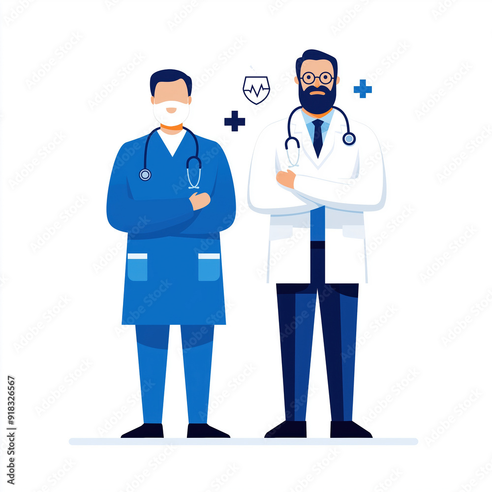 Two confident doctors stand together, representing healthcare professionalism and teamwork in a modern medical setting. Two confident doctors stand together, representing healthcare professionalism and teamwork in a modern medical setting.