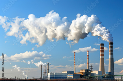 smoke billowing from a factory chimney in a large open field