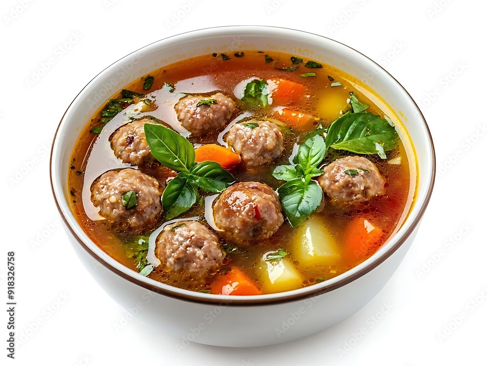 Delicious Meatball Soup with Basil and Vegetables - Realistic Food Photo Delicious Meatball Soup with Basil and Vegetables - Realistic Food Photo