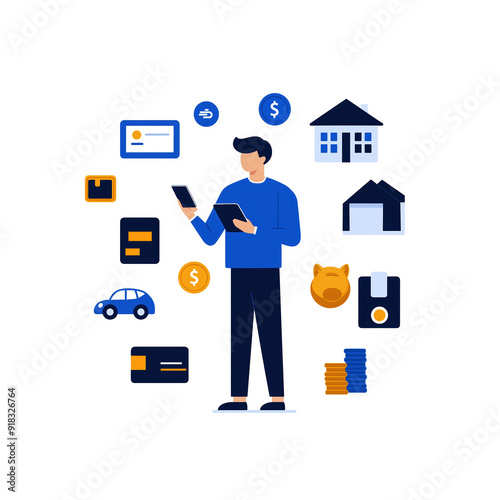 Illustration of a person managing finances with various financial icons including house, car, money, and documents on a white background.