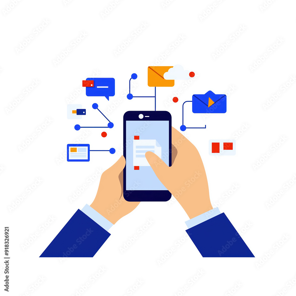 Person using smartphone with various app icons representing communication technology, social media, email, and networking. Person using smartphone with various app icons representing communication technology, social media, email, and networking.