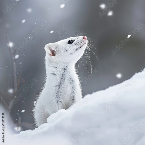 A short-tailed weasel (Mustela erminea) camouflaged in its white winter coat, looking out over the snow; Montana, United States of America - photo