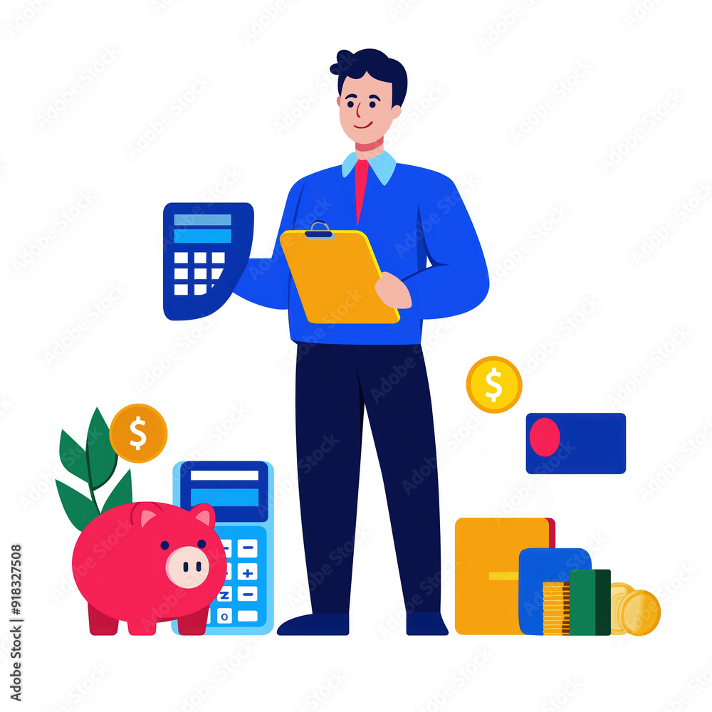 Illustration of a businessman with calculator and clipboard managing finances, featuring piggy bank, coins, and documents. Illustration of a businessman with calculator and clipboard managing finances, featuring piggy bank, coins, and documents.