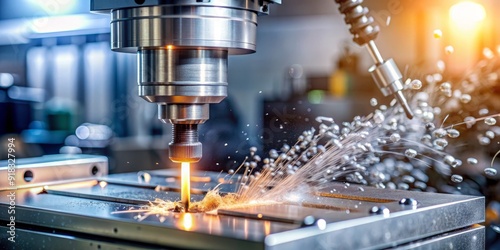 Industrial CNC Machine Cutting Metal with Sparks Flying, metalworking , cnc , milling , manufacturing