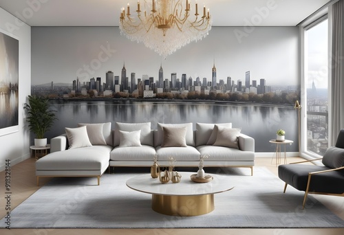 silver glitter effect wall in a modern living room White and gold theme interior modern minimalism photo realism neww Style 3d Paints Doodle Illustration Deep View High Results photo