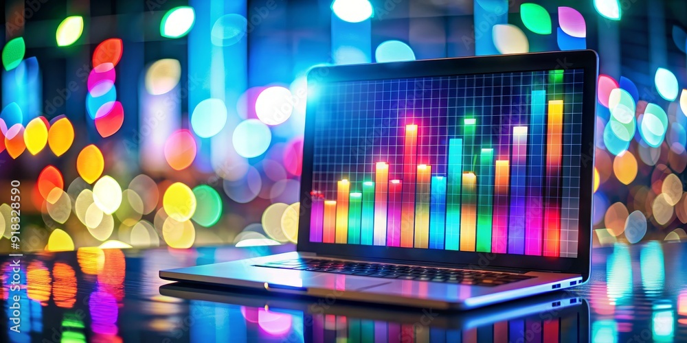 Laptop with Colorful Bar Graph and Bokeh Lights, Laptop, Bar Graph, Data, Technology Laptop with Colorful Bar Graph and Bokeh Lights, Laptop, Bar Graph, Data, Technology