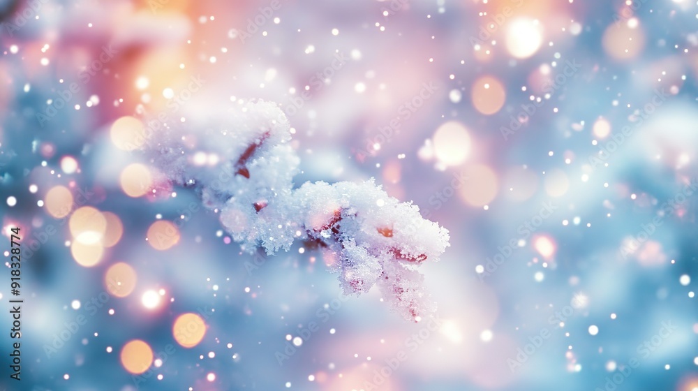 Snow-Covered Branch Against a Blurred Bokeh Background Snow-Covered Branch Against a Blurred Bokeh Background