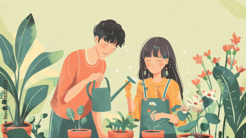 An Asian couple watering potted plants together An Asian couple watering potted plants together