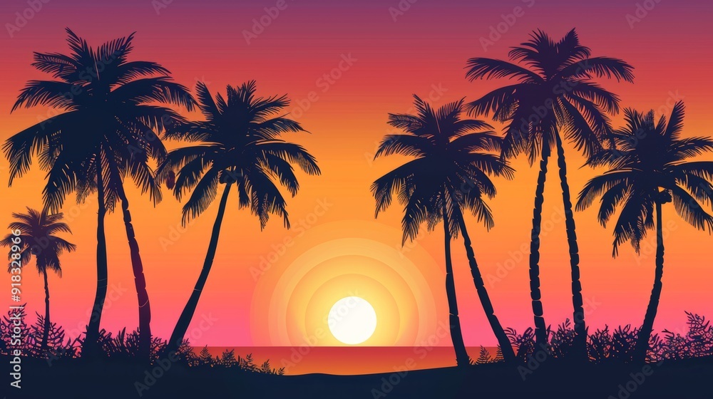 Colorful sunset over the ocean with silhouettes of palm trees along the shoreline in a tropical paradise Colorful sunset over the ocean with silhouettes of palm trees along the shoreline in a tropical paradise