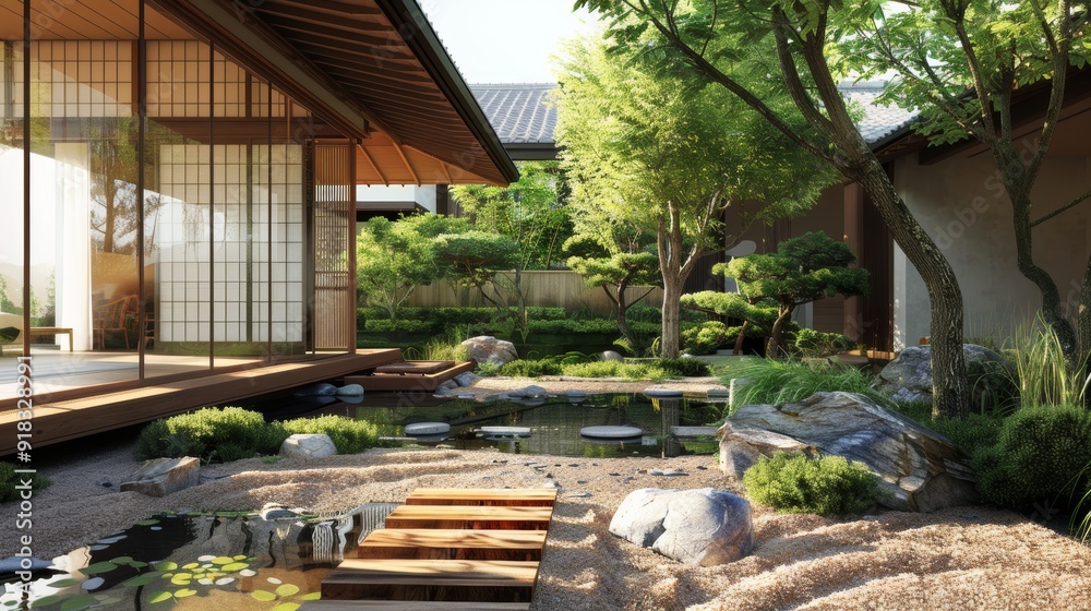 Traditional Japanese architecture with a serene garden Traditional Japanese architecture with a serene garden