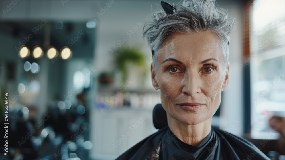Stylish middle-aged model getting a professional haircut in a high-end salon. Stylish middle-aged model getting a professional haircut in a high-end salon.
