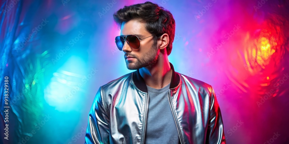 Man in Silver Jacket with Neon Lights, Portrait, Fashion, Style, Nightlife Man in Silver Jacket with Neon Lights, Portrait, Fashion, Style, Nightlife