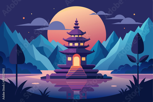 A Pagoda Silhouetted Against a Moonlit Mountain Range