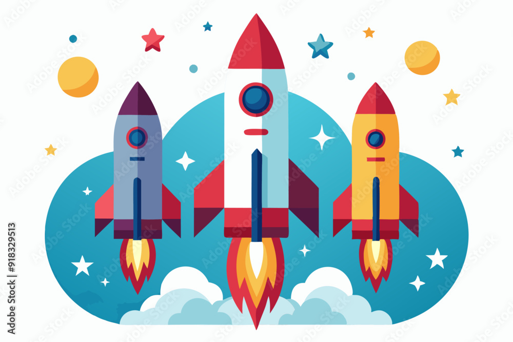 Three Rockets Launching Into The Night Sky Three Rockets Launching Into The Night Sky
