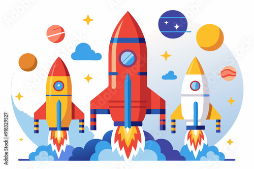 Three Cartoon Rockets Taking Off Into Space