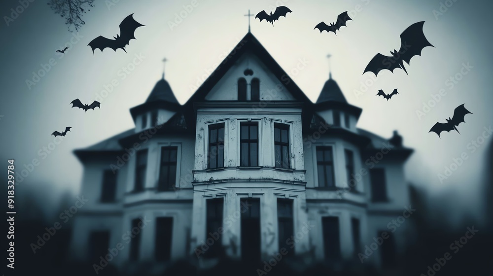 Haunted mansion with dark windows and bats flying around Haunted mansion with dark windows and bats flying around
