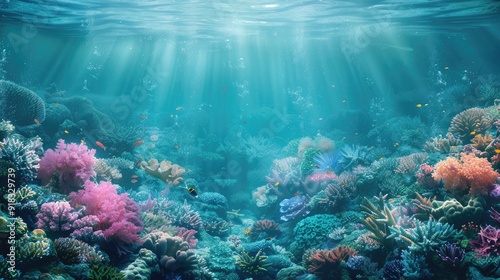 A vibrant coral reef teeming with life, bathed in the ethereal glow of sunlight filtering through the water.