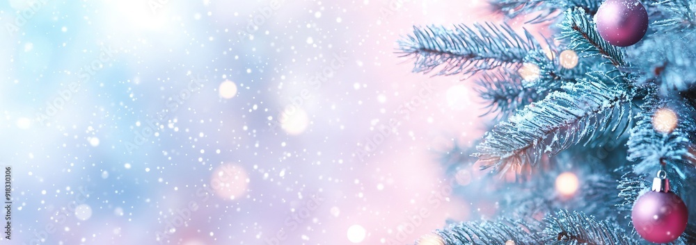 A Close-Up of a Frosted Pine Branch with a Pink Ornament A Close-Up of a Frosted Pine Branch with a Pink Ornament