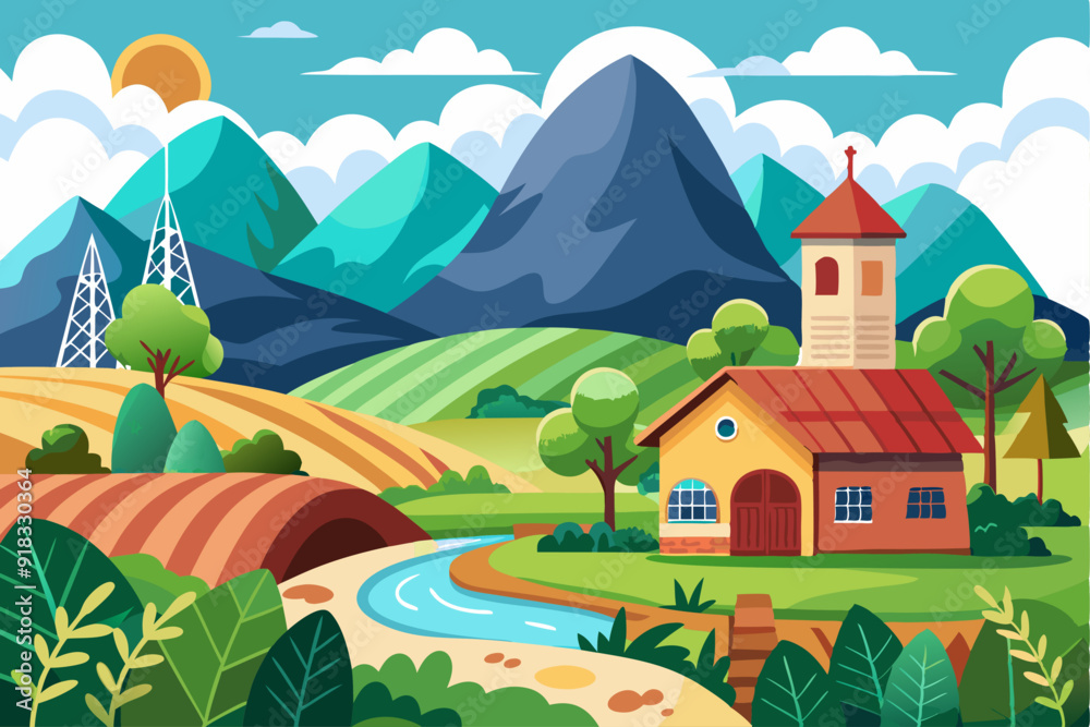 Naklejka premium Rural Landscape with Church and Stream