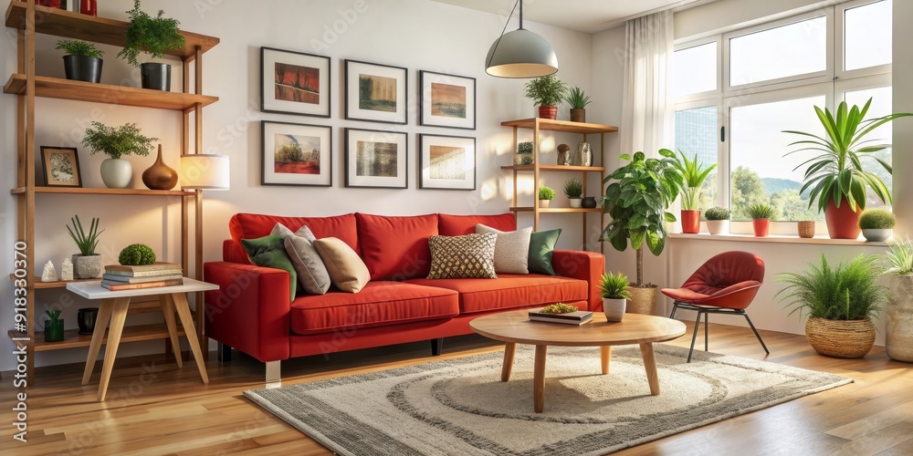 Modern Living Room with Red Sofa and Greenery, 3D Render, Cozy Interior, Living Room Design, Plant Decor, Red Sofa, Cozy Living Room Modern Living Room with Red Sofa and Greenery, 3D Render, Cozy Interior, Living Room Design, Plant Decor, Red Sofa, Cozy Living Room