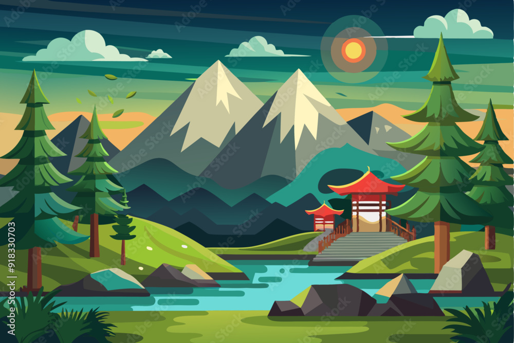 Mountainous Landscape with a Red Pagoda and Winding River Mountainous Landscape with a Red Pagoda and Winding River