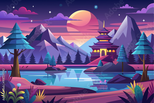 A Mystical Asian Temple Amidst a Twilight Mountain Landscape