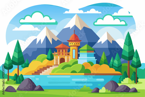 Mountainous Landscape with a Majestic Castle and a Serene Lake