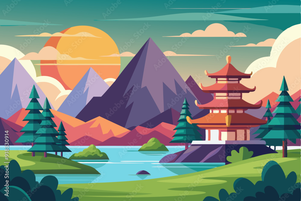 Japanese Temple at Sunset with Mountains and a Lake Japanese Temple at Sunset with Mountains and a Lake