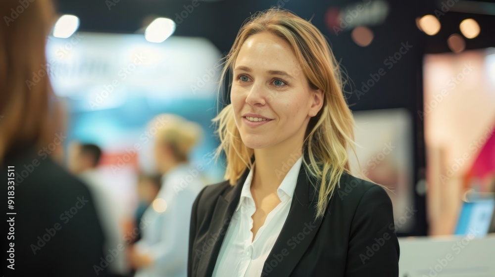 Woman in a suit providing guidance and information at a trade show booth. Woman in a suit providing guidance and information at a trade show booth.