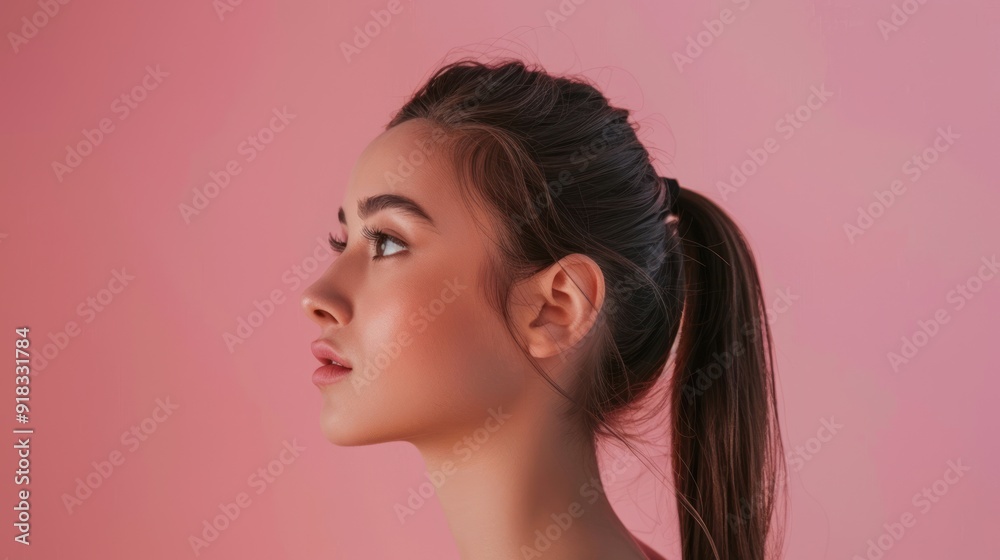Woman with a ponytail, posing for a photo shoot in a chic studio setting. Woman with a ponytail, posing for a photo shoot in a chic studio setting.