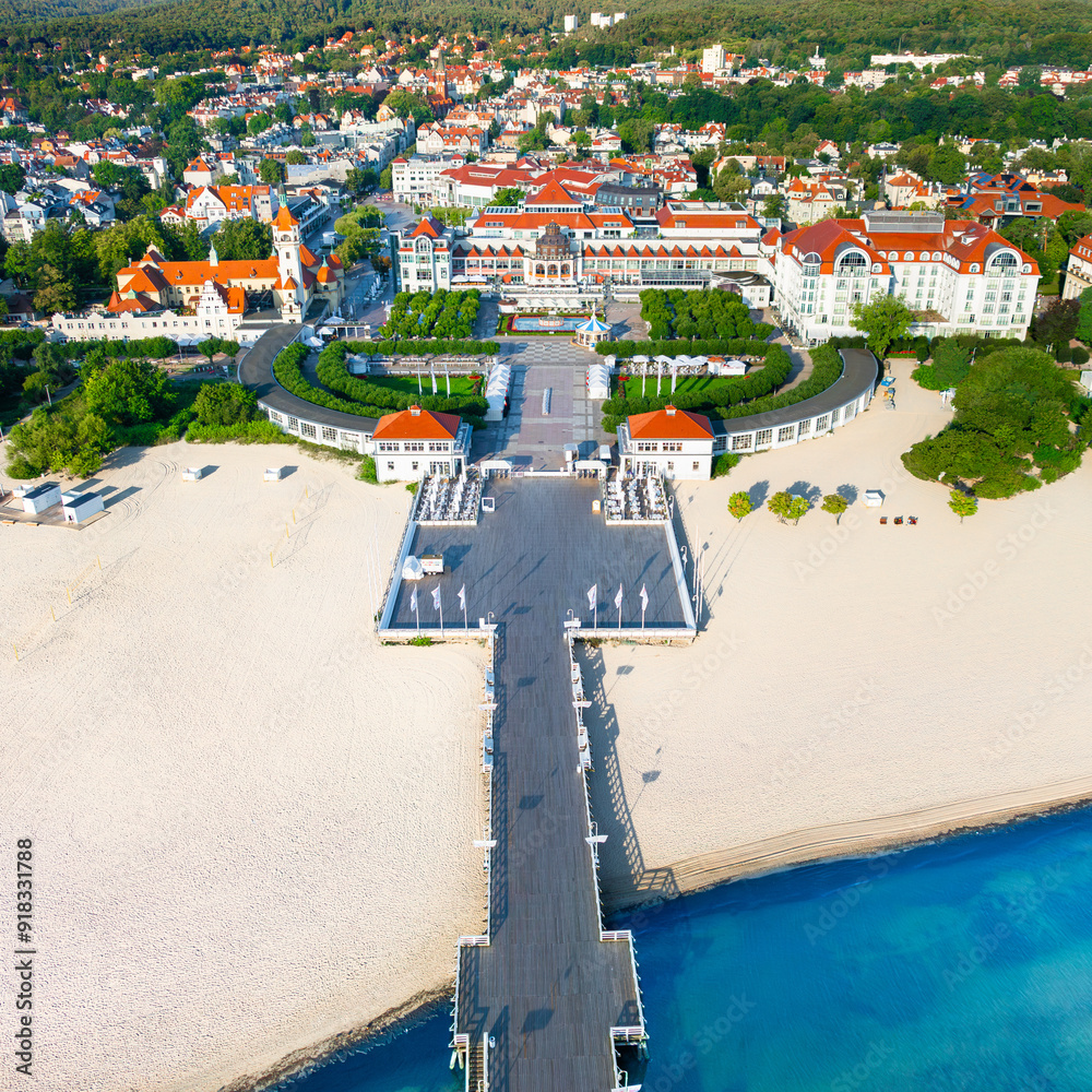 Sunny landscape of the resort town of Sopot and Molo - pier on the Baltic Sea. Poland