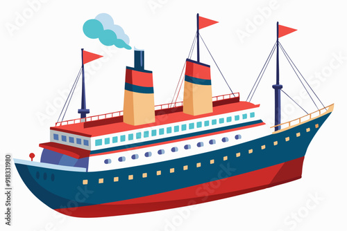 A Large Blue and Red Cruise Ship with Two Stacks and Smoke