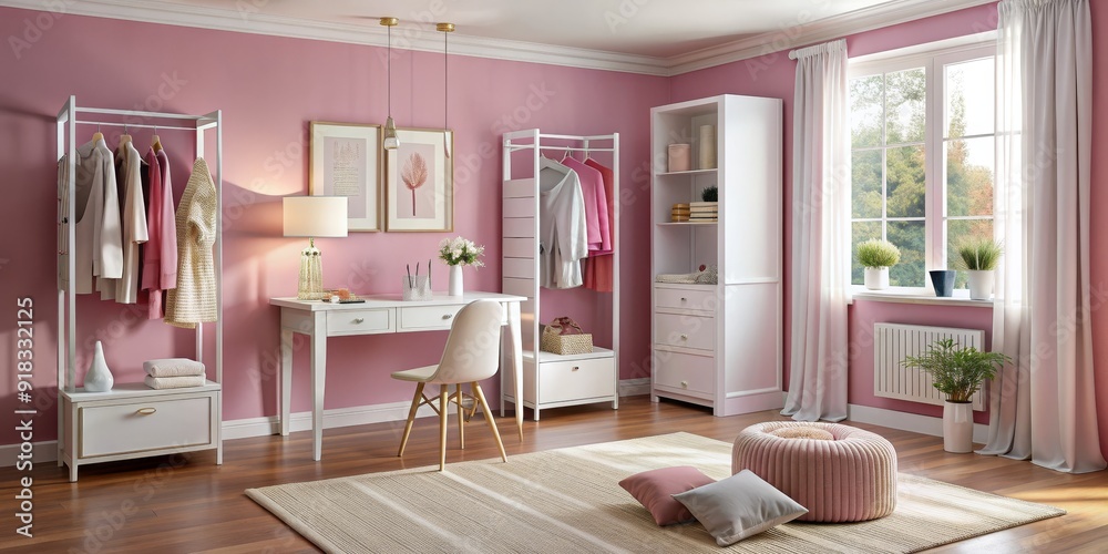 Fototapeta premium Pink and White Interior Design Cozy Living Room with a Touch of Feminine Charm, interior design, pink decor, feminine space, home decor