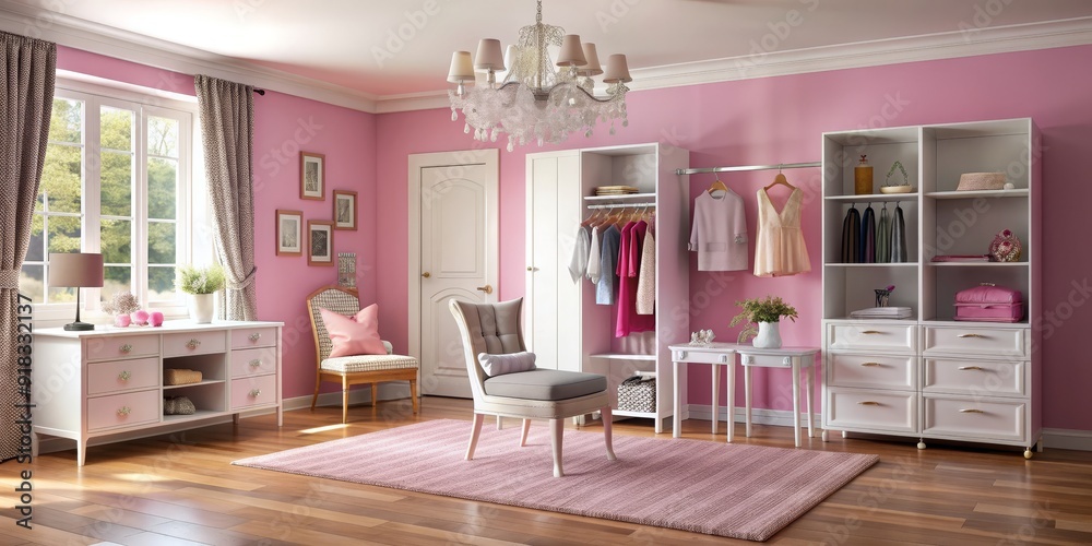 Fototapeta premium Pink and White Bedroom with Closet, Rug, and Chandelier, interior design, bedroom decor, feminine style, pink aesthetic