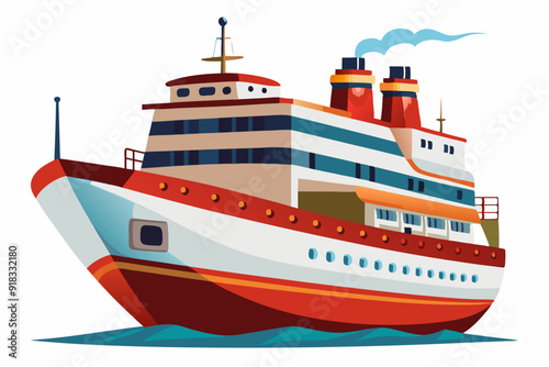 Red and White Cruise Ship with Smoke Emitting from the Chimney