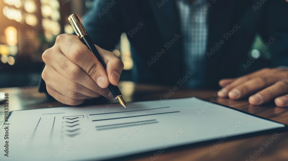 Businessman uses pen to write data Businessman uses pen to write data