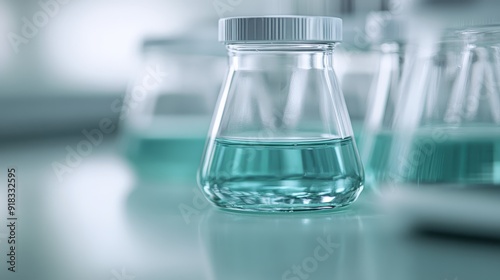 Multiple glass beakers containing a light blue chemical solution, placed on a reflective and clean laboratory table in a scientific research setting. photo